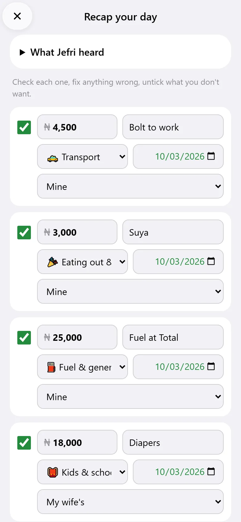 Jefri turning a voice note into four expenses to review: Bolt ₦4,500, suya ₦3,000, fuel ₦25,000 and diapers ₦18,000 marked as the wife's